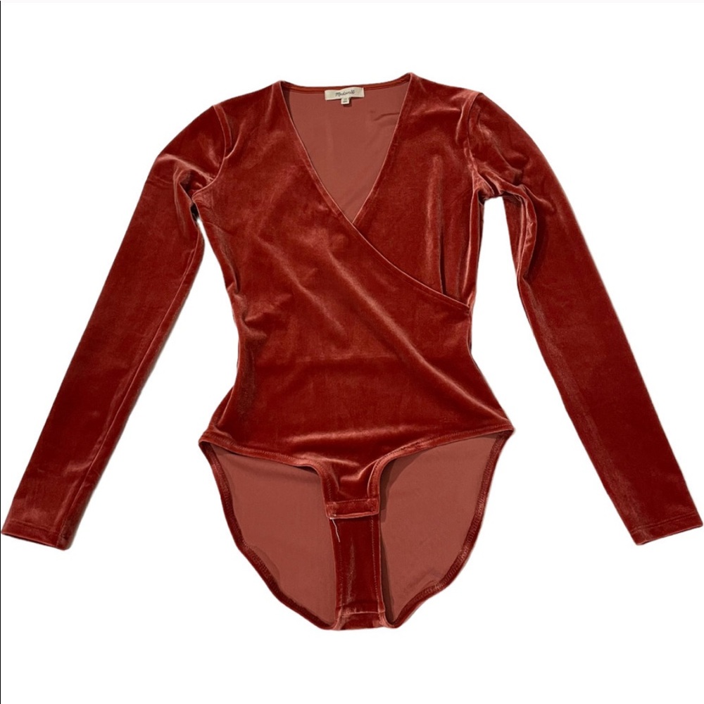 Madewell Velvet Faux Wrap Bodysuit - Burnished Rust - XS